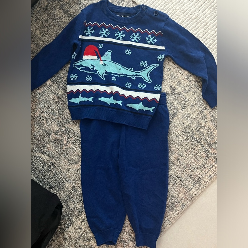 Andy & Evan Navy Blue Shark Holiday Knit Sweater Set